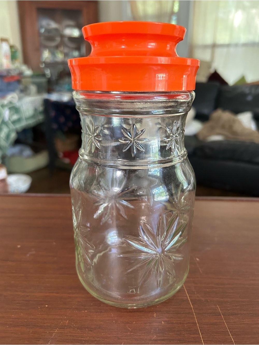 Vintage anchor, hocking Orange Lid Clear Glass Canister with Starburst